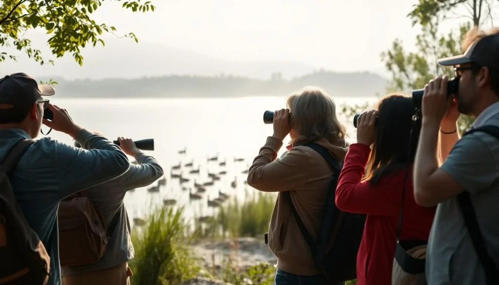 Visitors birdwatching at Horseshoe Lake State Park Illinois with binoculars Visitors birdwatching at Horseshoe Lake State Park Illinois with binoculars