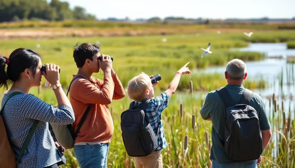 Visitors birdwatching at Iroquois County State Park wetlands with binoculars Visitors birdwatching at Iroquois County State Park wetlands with binoculars