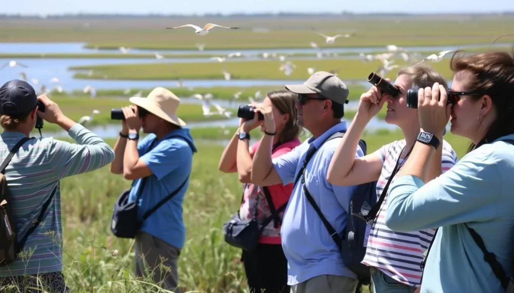 Visitors birdwatching in the tidal marshes of McLaughlin Eastshore State Park Visitors birdwatching in the tidal marshes of McLaughlin Eastshore State Park
