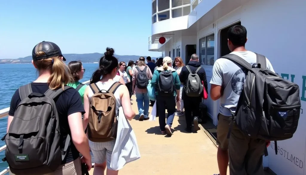 Visitors boarding the Angel Island ferry with backpacks and supplies