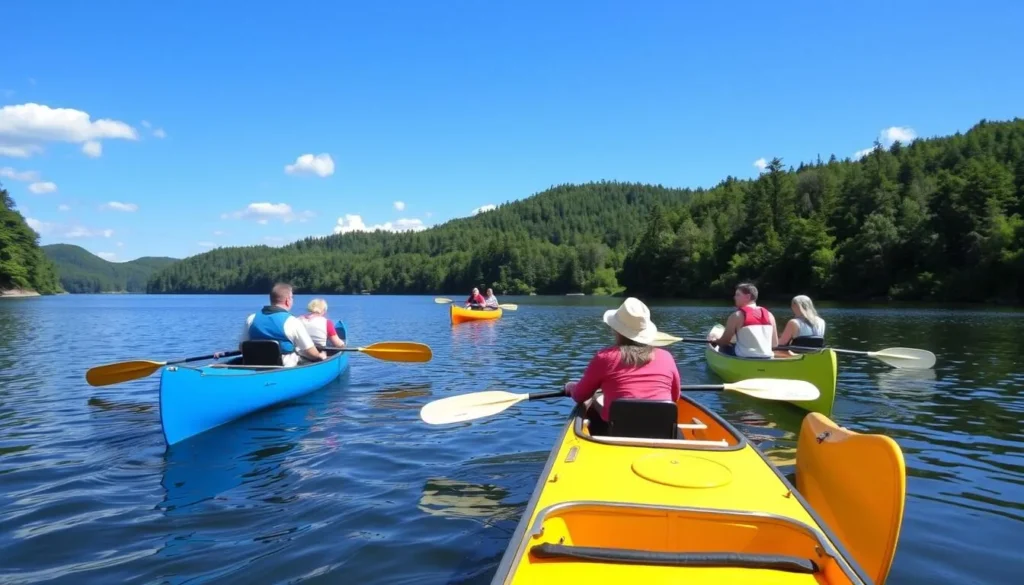 Visitors canoeing on one of the lakes in Smolenskoye Poozerye National Park surrounded by forested shores Visitors canoeing on one of the lakes in Smolenskoye Poozerye National Park surrounded by forested shores