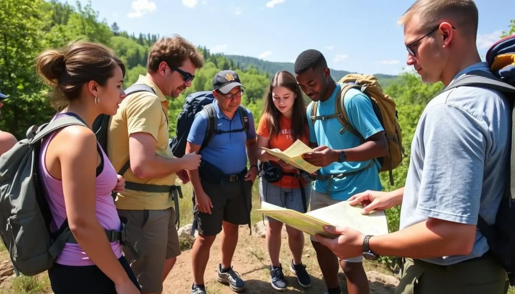 Visitors checking a trail map at Evansburg State Park Pennsylvania with diverse hikers planning their route