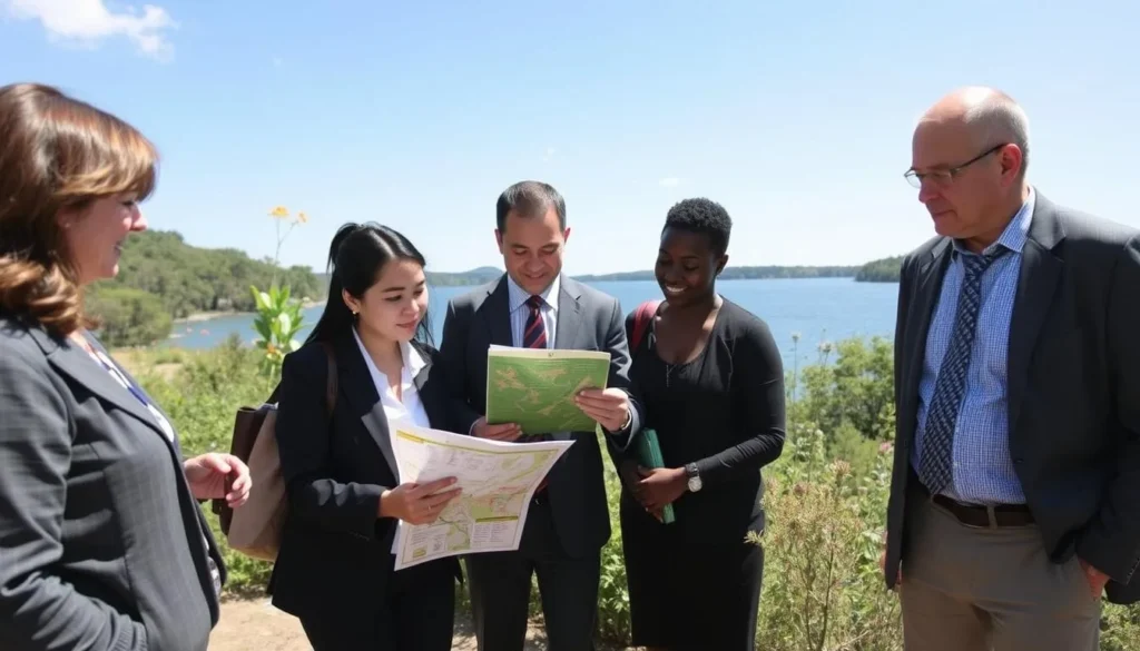 Visitors checking a trail map at LaSalle Lake State Park with the lake visible in the background Visitors checking a trail map at LaSalle Lake State Park with the lake visible in the background