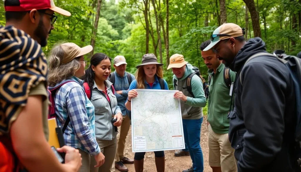 Visitors checking a trail map at Mississippi Palisades Nature Preserve trailhead