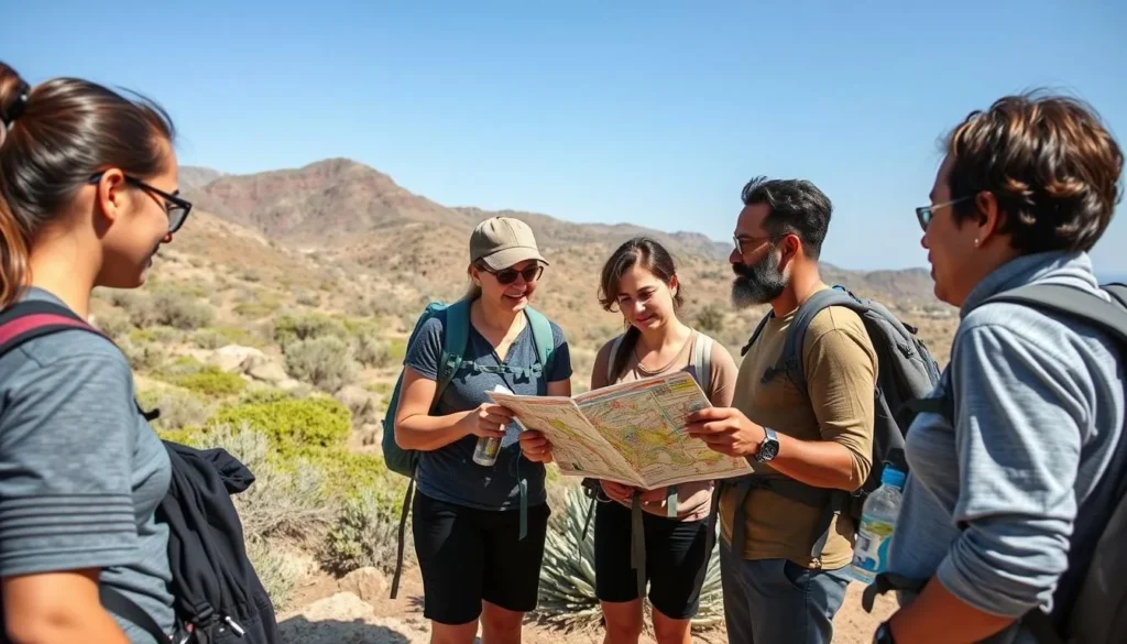 Visitors checking a trail map at Point Mugu State Park trailhead Visitors checking a trail map at Point Mugu State Park trailhead