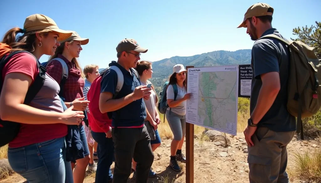 Visitors checking trail map at Mount Diablo State Park trailhead Visitors checking trail map at Mount Diablo State Park trailhead