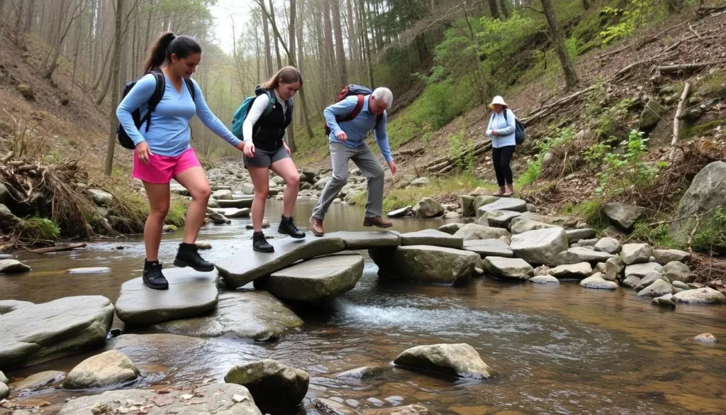Visitors crossing stepping stones over a creek on the Big Rocky Hollow Trail at Ferne Clyffe