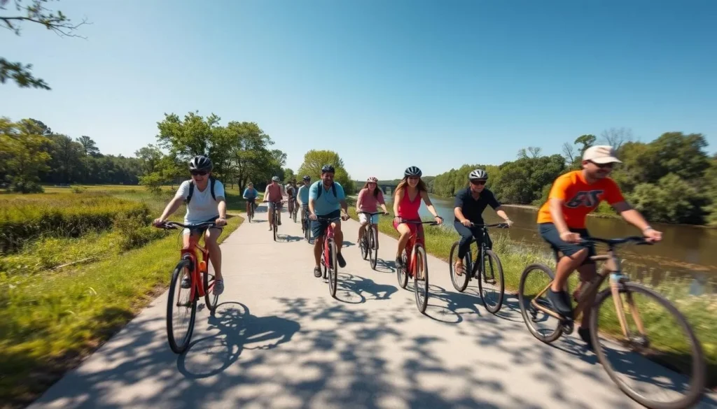 Visitors cycling on trails at Kankakee River State Park Illinois on a sunny day Visitors cycling on trails at Kankakee River State Park Illinois on a sunny day