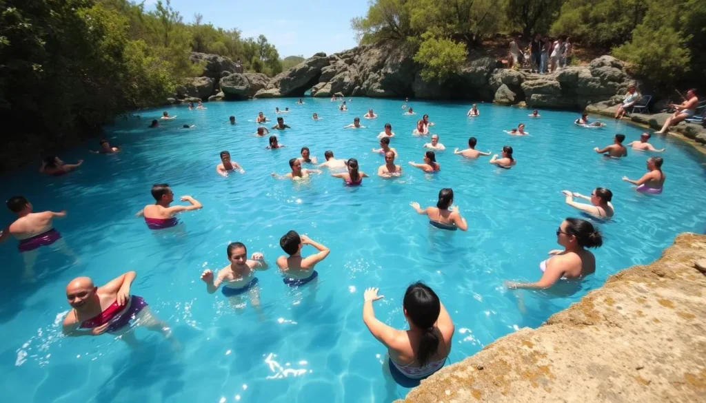 Visitors enjoying Blue Hole Santa Rosa during summer with people swimming in the clear blue water Visitors enjoying Blue Hole Santa Rosa during summer with people swimming in the clear blue water
