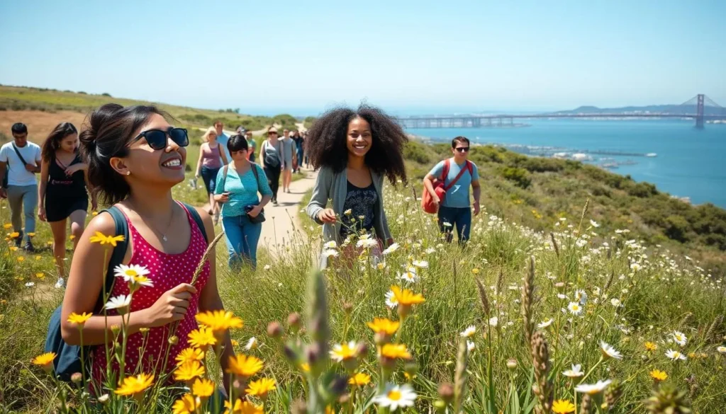 Visitors enjoying Candlestick Point State Recreation Area California on a sunny spring day with wildflowers blooming