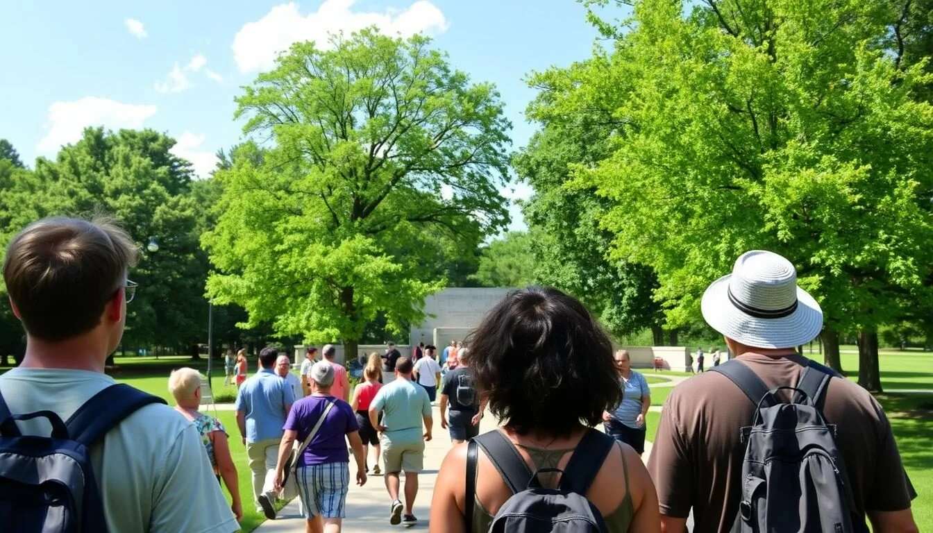 Visitors enjoying George Rogers Clark National Historical Park during summer with lush greenery