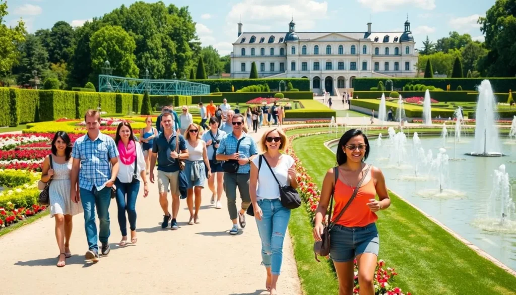 Visitors enjoying Herrenhausen Gardens in Hannover during summer with colorful flower displays