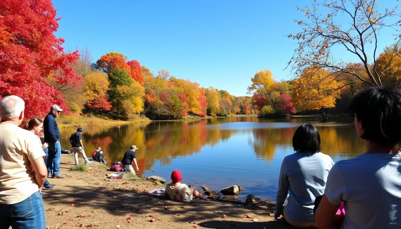 Visitors-enjoying-LaSalle-Lake-State-Park-during-autumn-with-colorful-fall-foliage-surrounding- Visitors enjoying LaSalle Lake State Park during autumn with colorful fall foliage surrounding the lake