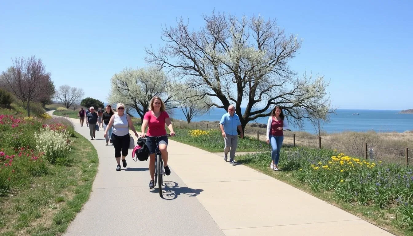 Visitors-enjoying-McLaughlin-Eastshore-State-Park-on-a-clear-spring-day-with-wildflowers Visitors enjoying McLaughlin Eastshore State Park on a clear spring day with wildflowers blooming