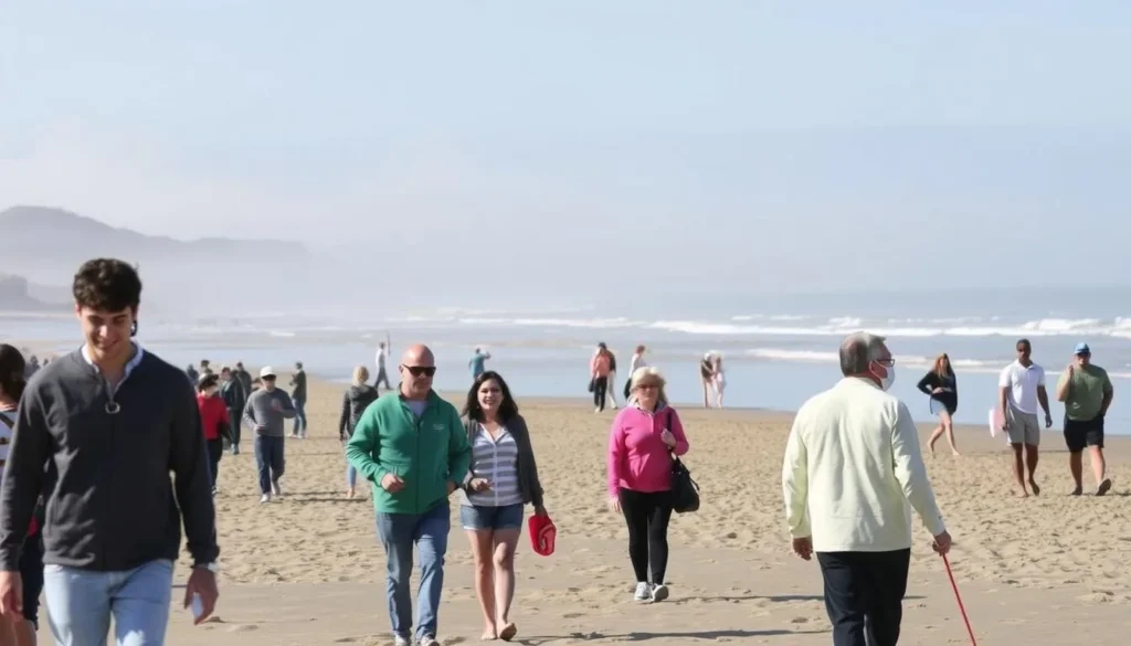 Visitors enjoying Pacifica State Beach during summer with mild weather and some fog in the distance Visitors enjoying Pacifica State Beach during summer with mild weather and some fog in the distance