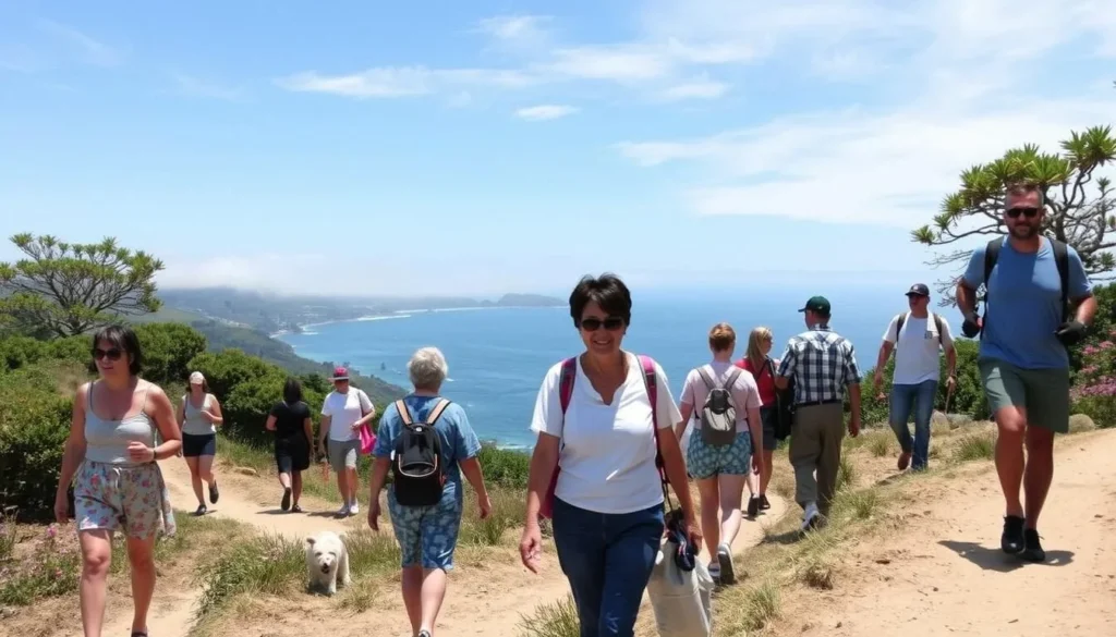 Visitors enjoying Russian Gulch State Park in summer with clear skies and pleasant weather, showing diverse tourists exploring the coastal trails Visitors enjoying Russian Gulch State Park in summer with clear skies and pleasant weather, showing diverse tourists exploring the coastal trails