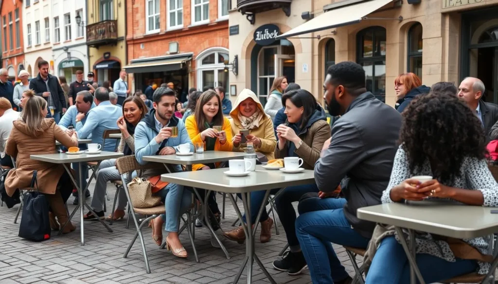 Visitors enjoying a café in Lübeck, demonstrating local customs of outdoor dining and coffee culture