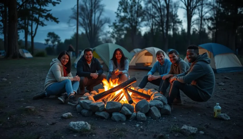 Visitors enjoying a campfire at Ryerson Station State Park campground Visitors enjoying a campfire at Ryerson Station State Park campground