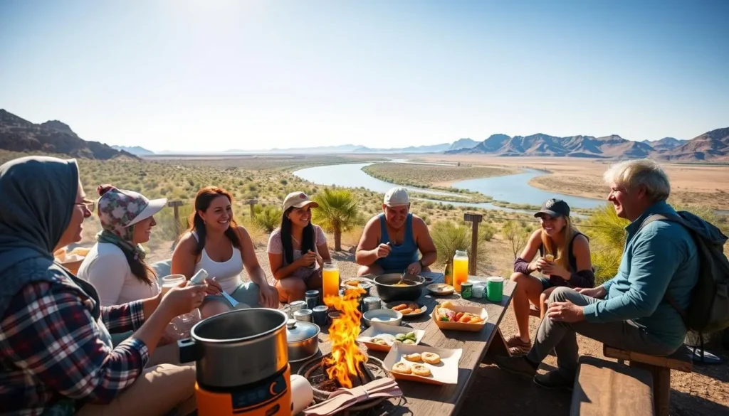 Visitors enjoying a campfire meal at Picacho State Recreation Area with diverse group cooking outdoors Visitors enjoying a campfire meal at Picacho State Recreation Area with diverse group cooking outdoors