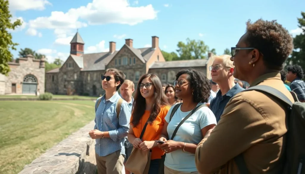 Visitors enjoying a guided tour at a historic site in Danville Visitors enjoying a guided tour at a historic site in Danville