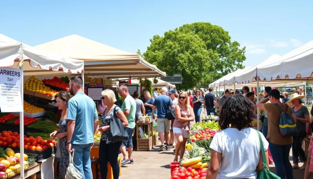 Visitors enjoying a local farmers market in Shepparton with fresh produce
