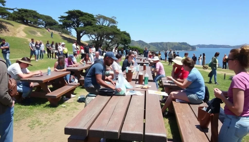 Visitors enjoying a picnic at Angel Island while practicing proper outdoor etiquette
