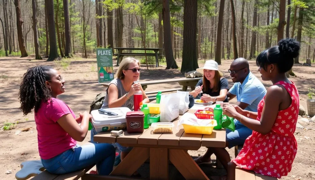 Visitors enjoying a picnic at Laurel Summit State Park Pennsylvania with proper supplies Visitors enjoying a picnic at Laurel Summit State Park Pennsylvania with proper supplies