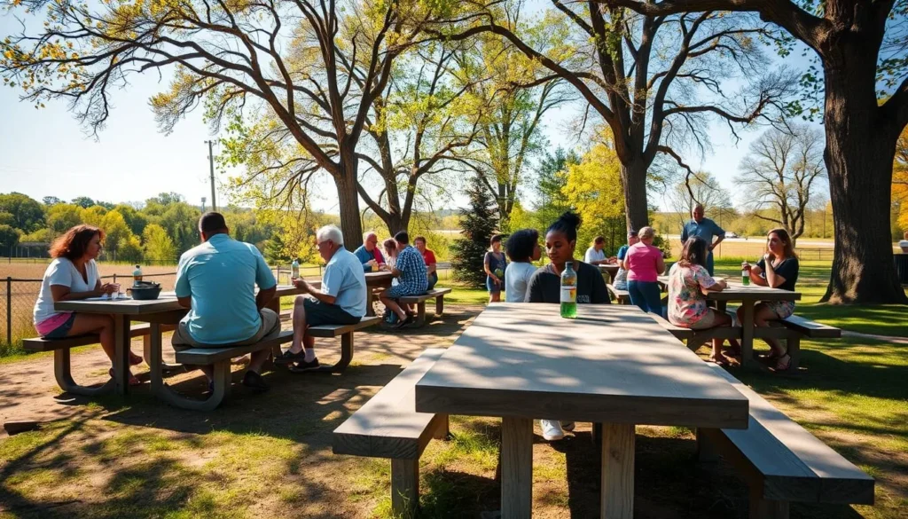 Visitors enjoying a picnic at Lincoln Trail Homestead State Park