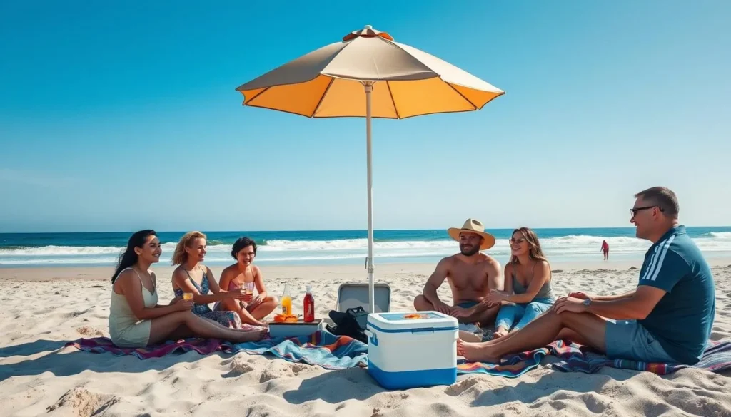 Visitors enjoying a picnic at Moonlight State Beach with proper beach setup Visitors enjoying a picnic at Moonlight State Beach with proper beach setup