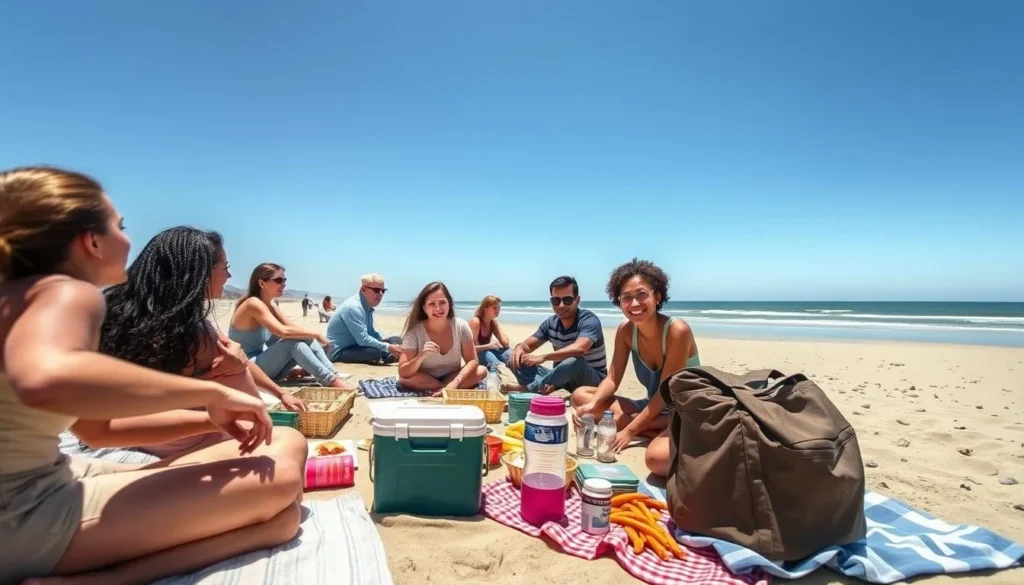 Visitors enjoying a picnic at Moss Landing State Beach with proper supplies and equipment Visitors enjoying a picnic at Moss Landing State Beach with proper supplies and equipment