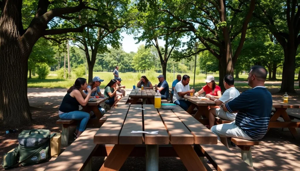 Visitors enjoying a picnic at one of the designated areas at Jim Edgar Panther Creek State Fish and Wildlife Area Visitors enjoying a picnic at one of the designated areas at Jim Edgar Panther Creek State Fish and Wildlife Area