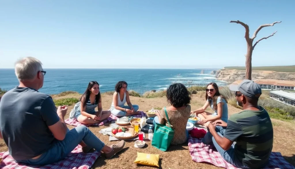 Visitors enjoying a picnic with ocean view at Jug Handle State Natural Reserve Visitors enjoying a picnic with ocean view at Jug Handle State Natural Reserve