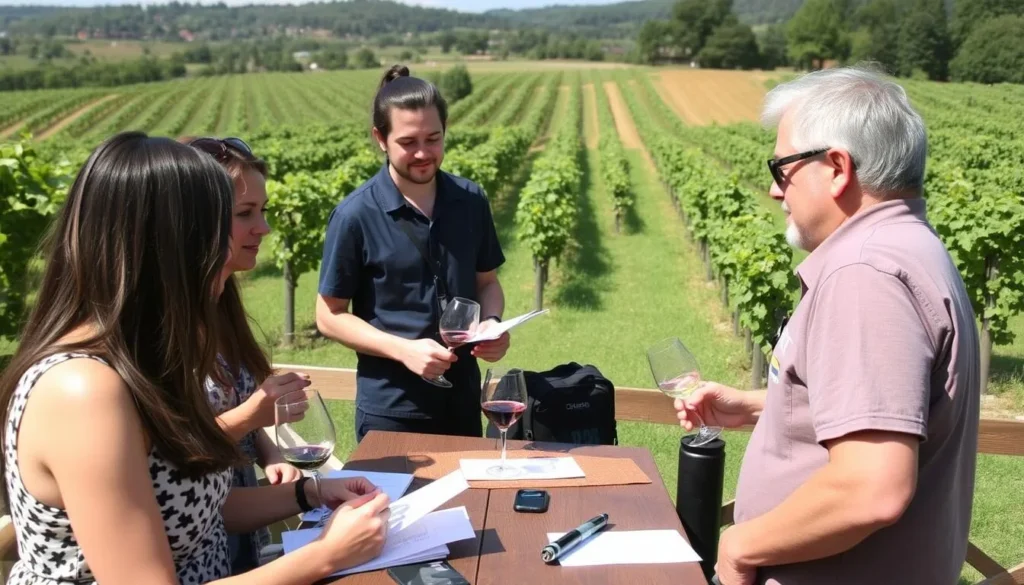 Visitors enjoying a responsible wine tasting experience at a Hickory Ridge vineyard Visitors enjoying a responsible wine tasting experience at a Hickory Ridge vineyard