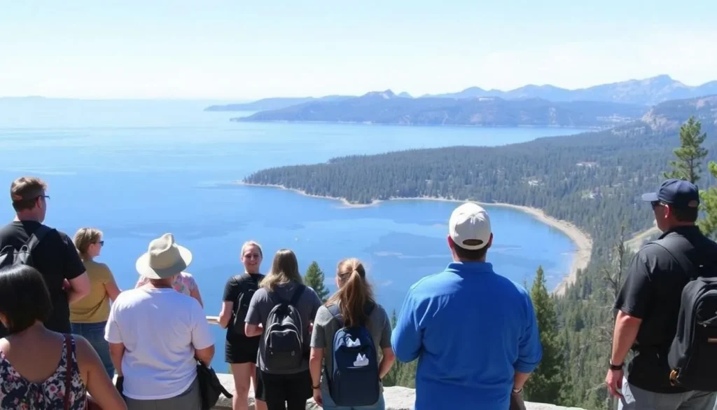 Visitors enjoying a scenic viewpoint overlooking Lake Tahoe at Ed Z'berg Sugar Pine Point State Park Visitors enjoying a scenic viewpoint overlooking Lake Tahoe at Ed Z'berg Sugar Pine Point State Park