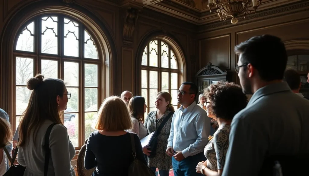 Visitors enjoying a tour of the Leland Stanford Mansion during spring with blooming gardens visible through windows Visitors enjoying a tour of the Leland Stanford Mansion during spring with blooming gardens visible through windows