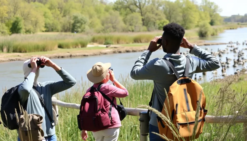 Visitors enjoying birdwatching at Kaskaskia River State Park with binoculars observing waterfowl Visitors enjoying birdwatching at Kaskaskia River State Park with binoculars observing waterfowl