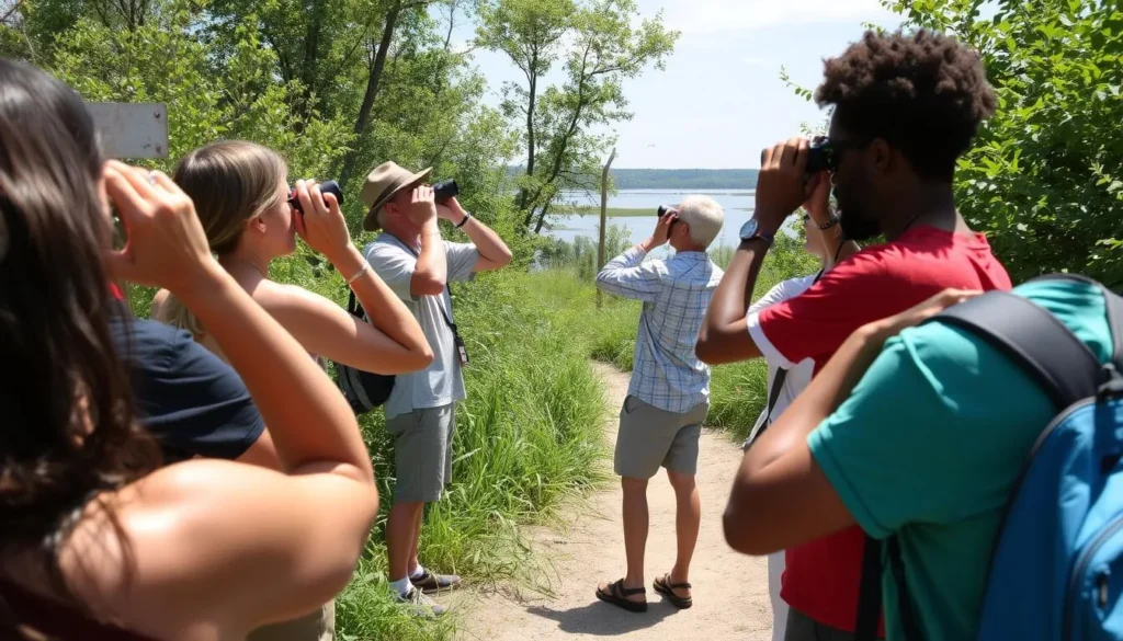 Visitors enjoying birdwatching on Beaver Island Illinois with binoculars observing wildlife Visitors enjoying birdwatching on Beaver Island Illinois with binoculars observing wildlife