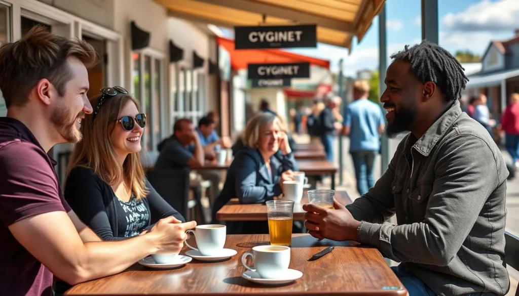 Visitors enjoying coffee at a cafe in Cygnet Tasmania