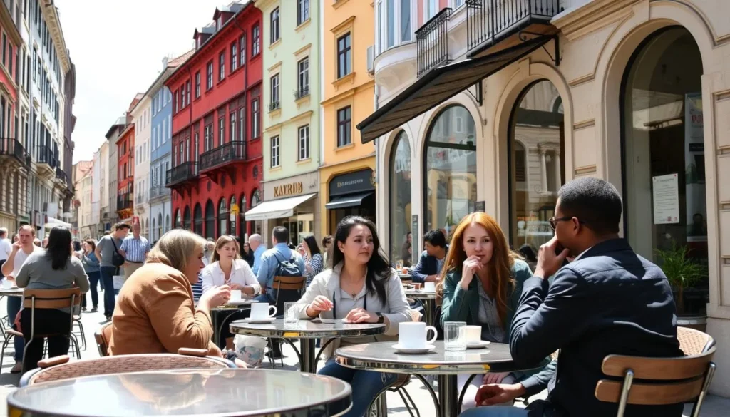 Visitors enjoying coffee at an outdoor café in Zagreb's Tkalčićeva Street with historic buildings in the background