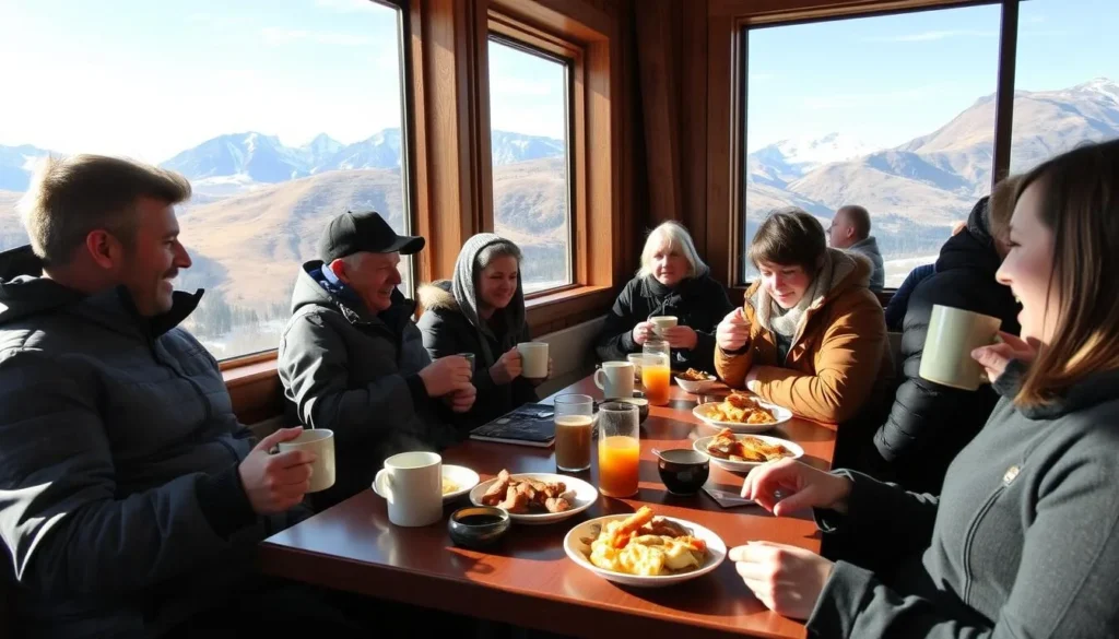Visitors enjoying hot drinks and food at the Ben Lomond alpine cafe with mountain views Visitors enjoying hot drinks and food at the Ben Lomond alpine cafe with mountain views