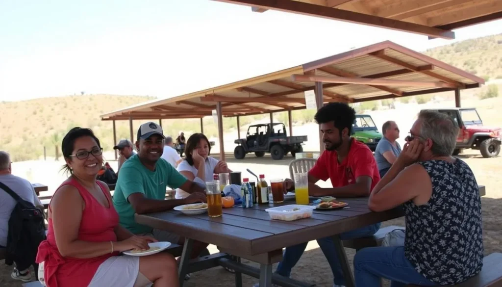 Visitors enjoying picnic at Carnegie State Vehicular Recreation Area with off-road vehicles in background Visitors enjoying picnic at Carnegie State Vehicular Recreation Area with off-road vehicles in background