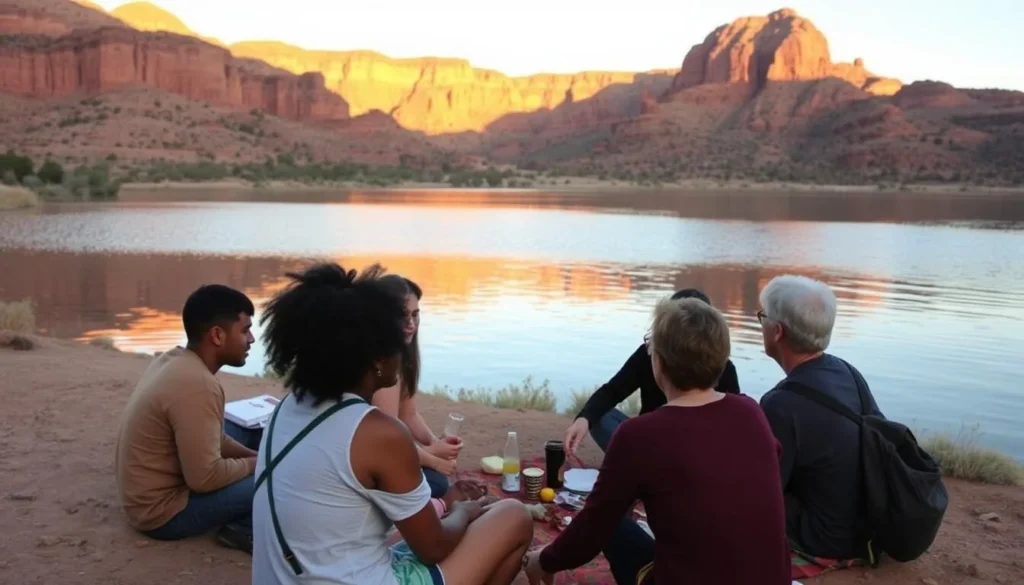 Visitors enjoying sunset at Abiquiu Lake while practicing Leave No Trace principles Visitors enjoying sunset at Abiquiu Lake while practicing Leave No Trace principles