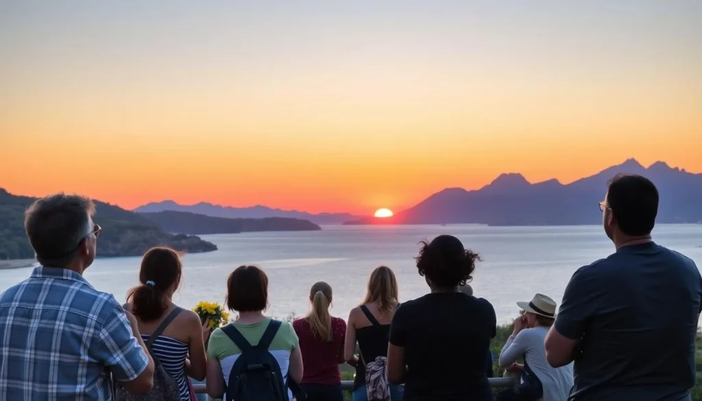 Visitors enjoying sunset views over Coles Bay in Freycinet National Park Tasmania