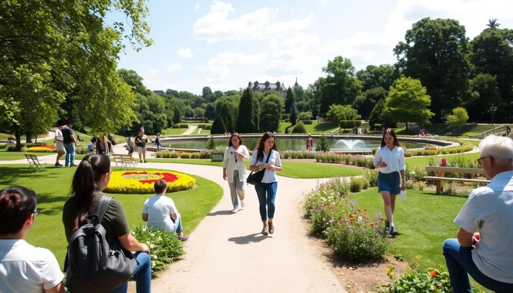 Visitors enjoying the beautiful Kurpark gardens in Wiesbaden on a sunny day
