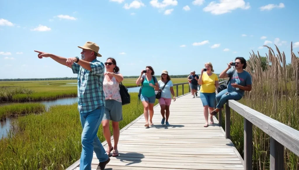 Visitors enjoying the boardwalk trail at Cameron Prairie National Wildlife Refuge
