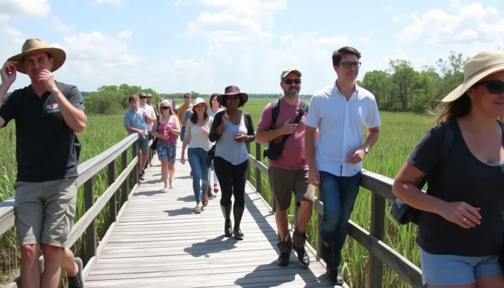 Visitors enjoying the boardwalk trail at Cameron Prairie Wetlands Louisiana