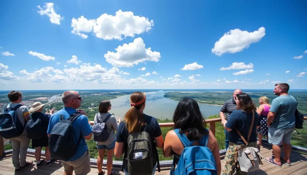 Visitors enjoying the observation deck at Fort Defiance State Park Illinois with views of both rivers
