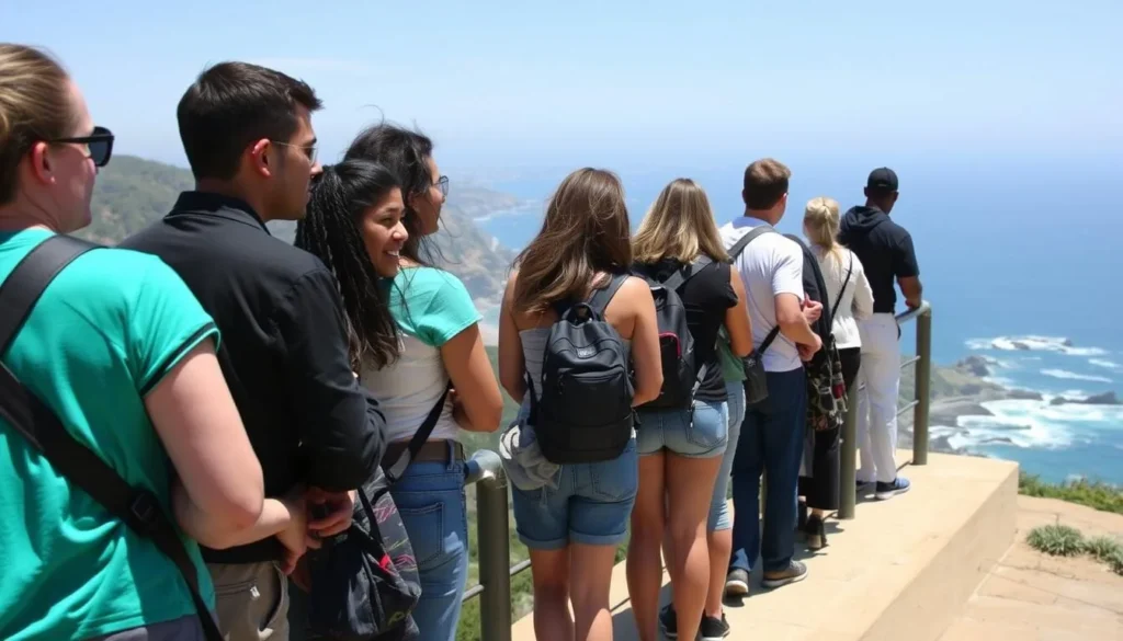Visitors enjoying the view from a designated overlook at Julia Pfeiffer Burns State Park Visitors enjoying the view from a designated overlook at Julia Pfeiffer Burns State Park