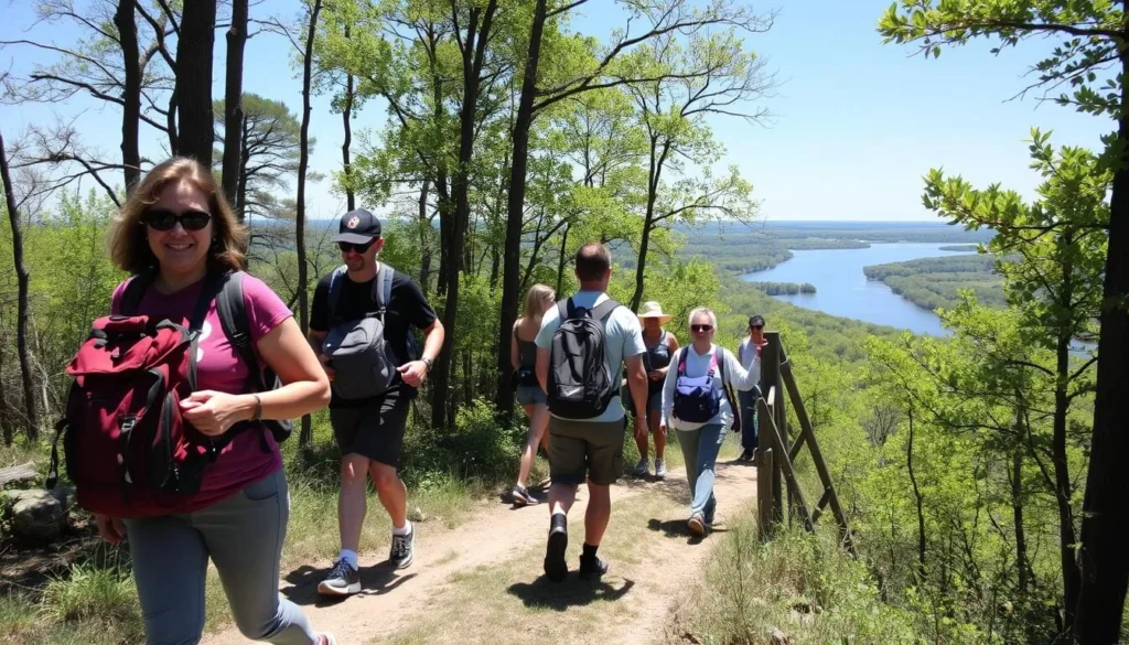 Visitors exploring Beaver Island Illinois on foot along a scenic trail through wooded areas Visitors exploring Beaver Island Illinois on foot along a scenic trail through wooded areas