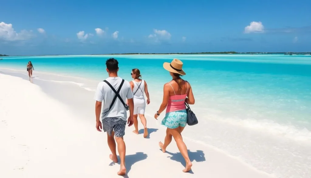 Visitors exploring Fort George Cay on foot along pristine beaches